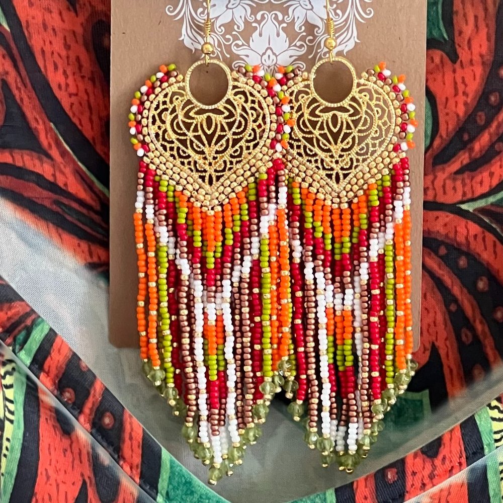 Handmade Beaded Earrings Native American Style Long Fringe Artisan Heart Dangles - Picture 6 of 7